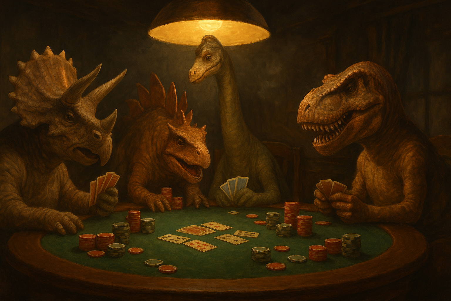 Dinosaurs playing poker around a table
